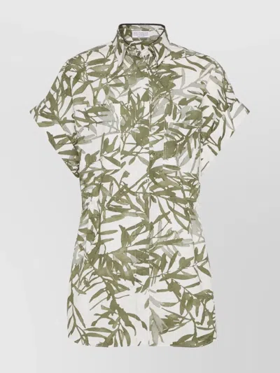 Brunello Cucinelli Leaf Print Cotton Shirt In Green