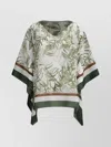 Brunello Cucinelli Green Herbarium Print Pongée Top With Monili In Metallic