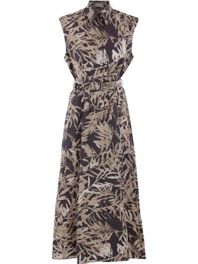 BRUNELLO CUCINELLI LEAF-PRINT SLEEVELESS COTTON DRESS