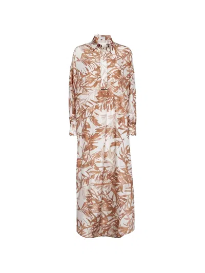 Brunello Cucinelli Leaf-print Silk Shirt Midi Dress In Neutral