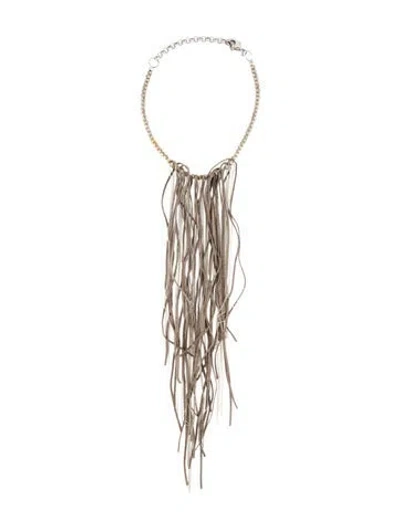 Pre-owned Brunello Cucinelli Leather & Bead Long Collar Necklace, 19" In Gray