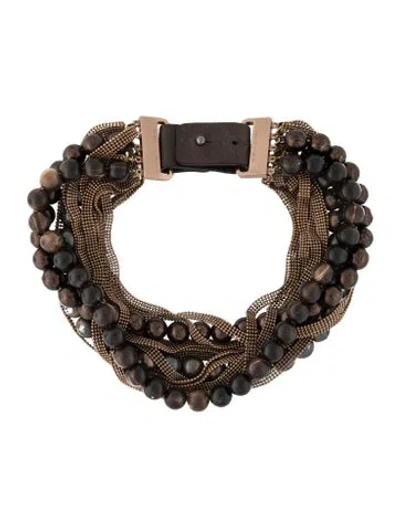 Pre-owned Brunello Cucinelli Leather & Bead Monili Multistrand Choker Necklace, 16" In Brown