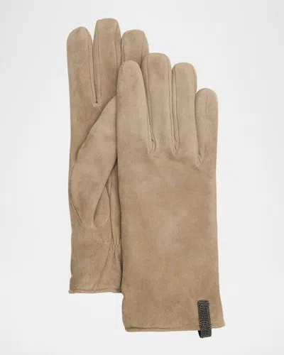 Brunello Cucinelli Leather & Cashmere Gloves In C5859 Ice