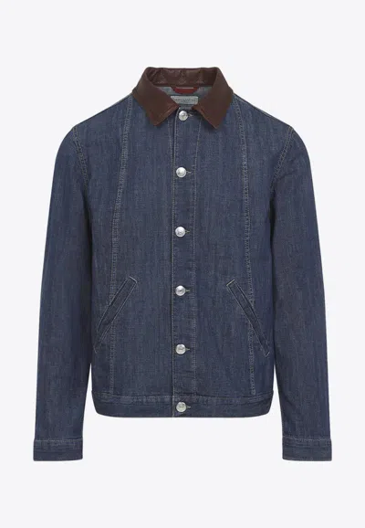 Brunello Cucinelli Men Lightweight Denim Jacket With Leather Collar In Animal Print