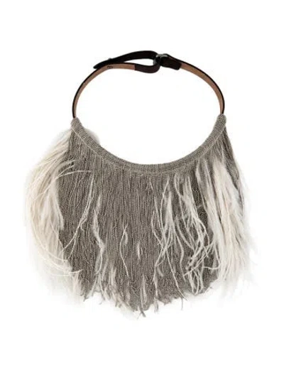 Pre-owned Brunello Cucinelli Leather & Feather Monili Fringe Choker Necklace, 18" In Brown/white