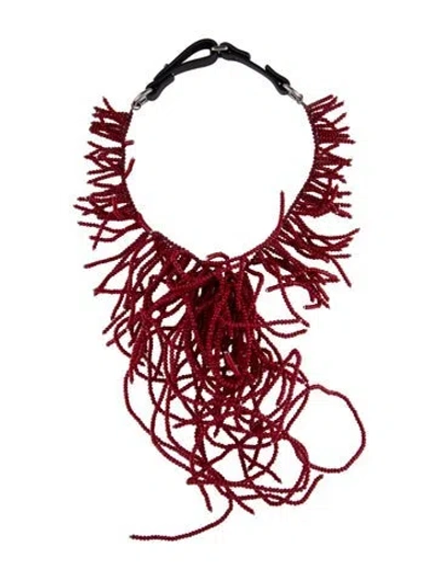 Pre-owned Brunello Cucinelli Leather & Glass Bead Cluster Choker, 31" In Red