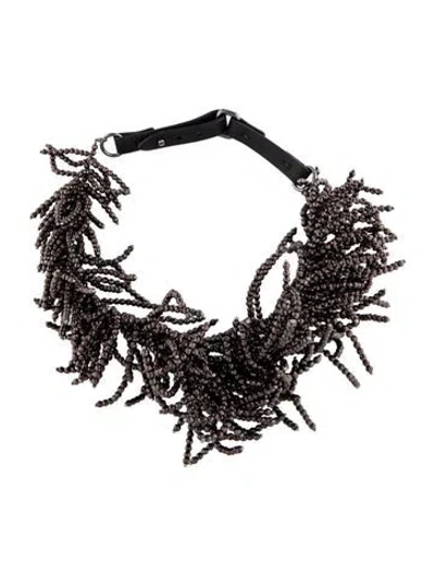 Pre-owned Brunello Cucinelli Leather & Hematine Monili Fringe Collar Necklace, 16" In Grey