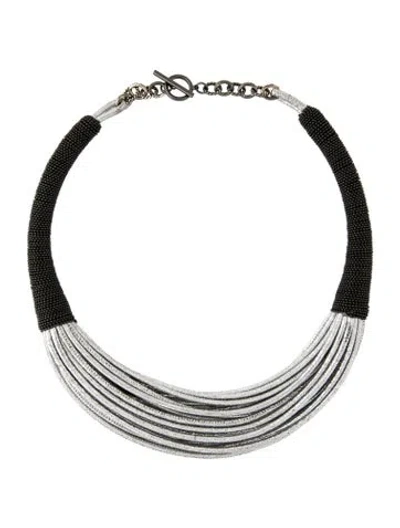 Pre-owned Brunello Cucinelli Leather & Monili Bead Multistrand Choker Necklace, 19" In Silver