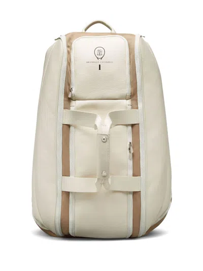 BRUNELLO CUCINELLI LEATHER AND NYLON TENNIS BACKPACK IN CREAM WHITE AND CARAMEL BROWN FOR MEN