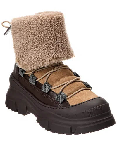 Brunello Cucinelli Shearling-lined Suede Lace-up Ankle Boots In Brown