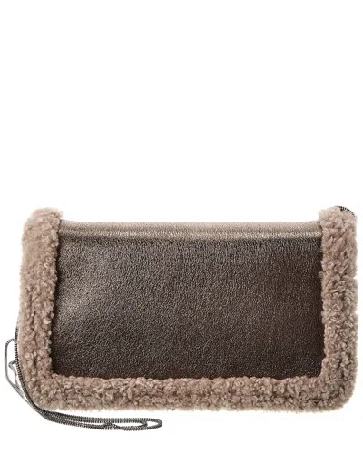 Brunello Cucinelli Leather & Shearling Shoulder Bag In Silver