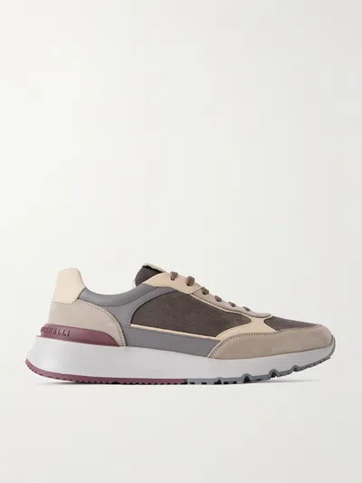 Brunello Cucinelli Bicolor Suede And Leather Low-top Sneakers With Serrated Sole In Multi
