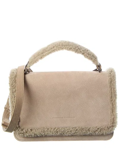 Brunello Cucinelli Leather & Wool Shoulder Bag In Neutral