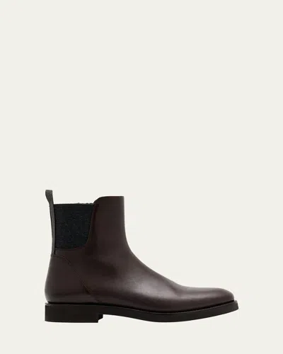 Brunello Cucinelli Leather Ankle Booties With Monili Pull Tab In Brown