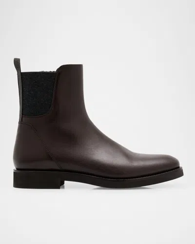 Brunello Cucinelli Leather Ankle Booties With Monili Pull Tab In Brown