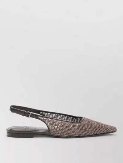 Brunello Cucinelli Leather Ballerina Shoes Flat Sole Slingback In Brown