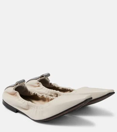 Brunello Cucinelli Bead-embellished Leather Point-toe Flats In Ivory