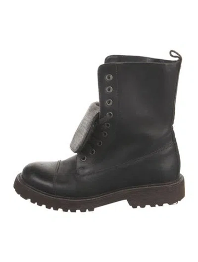 Pre-owned Brunello Cucinelli Leather Beaded Accents Combat Boots In Black