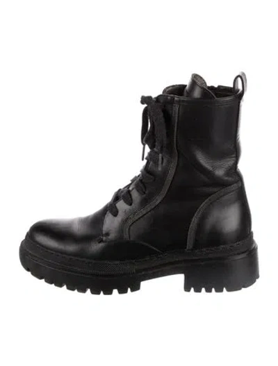 Pre-owned Brunello Cucinelli Leather Beaded Accents Combat Boots In Black