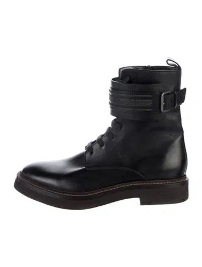 Pre-owned Brunello Cucinelli Leather Beaded Accents Combat Boots In Blue
