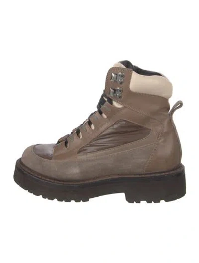 Pre-owned Brunello Cucinelli Leather Beaded Accents Combat Boots In Neutral