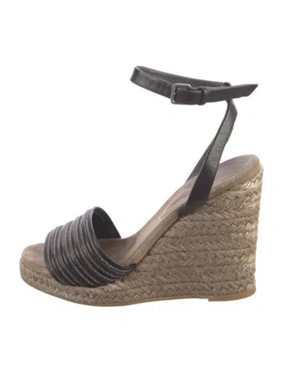 Pre-owned Brunello Cucinelli Leather Beaded Accents Espadrilles In Black
