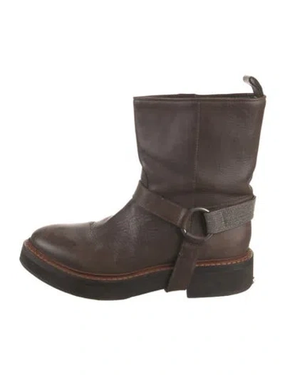 Pre-owned Brunello Cucinelli Leather Beaded Accents Moto Boots In Brown