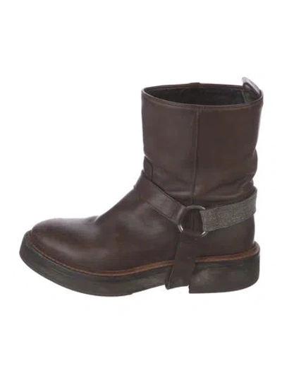 Pre-owned Brunello Cucinelli Leather Beaded Accents Moto Boots In Brown