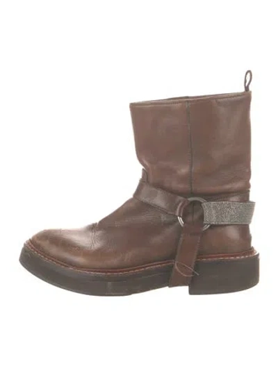 Pre-owned Brunello Cucinelli Leather Beaded Accents Moto Boots In Brown