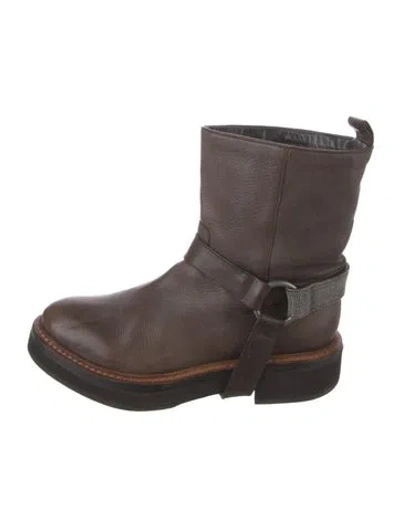 Pre-owned Brunello Cucinelli Leather Beaded Accents Moto Boots In Brown