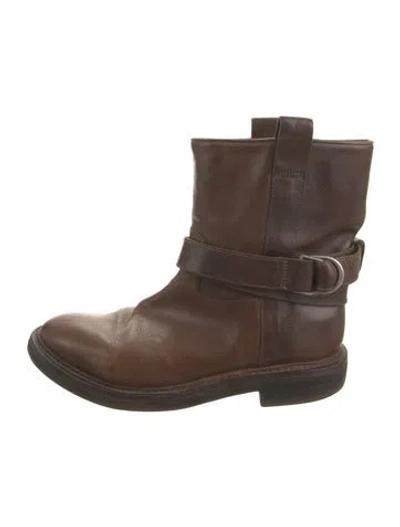 Pre-owned Brunello Cucinelli Leather Beaded Accents Moto Boots In Brown
