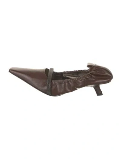 Pre-owned Brunello Cucinelli Leather Beaded Accents Mules In Brown