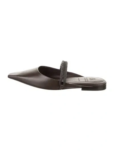 Pre-owned Brunello Cucinelli Leather Beaded Accents Mules In Brown