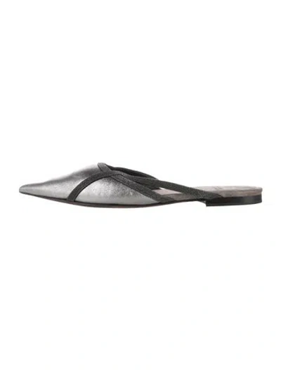 Pre-owned Brunello Cucinelli Leather Beaded Accents Mules In Silver