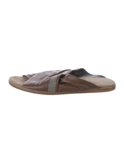Pre-owned Brunello Cucinelli Leather Beaded Accents Slides In Brown