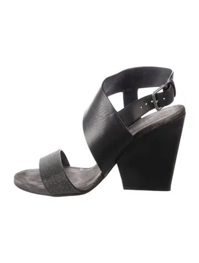 Pre-owned Brunello Cucinelli Leather Beaded Accents Slingback Sandals In Black