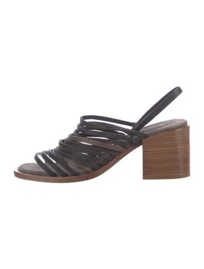 Pre-owned Brunello Cucinelli Leather Beaded Accents Slingback Sandals In Gray