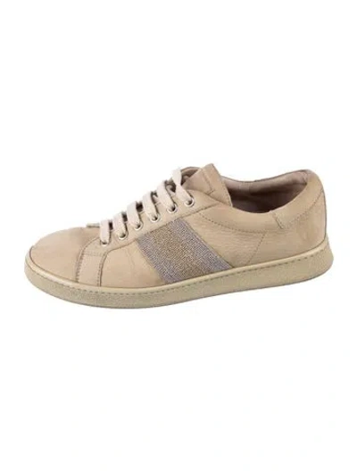 Pre-owned Brunello Cucinelli Leather Beaded Accents Sneakers In Neutral