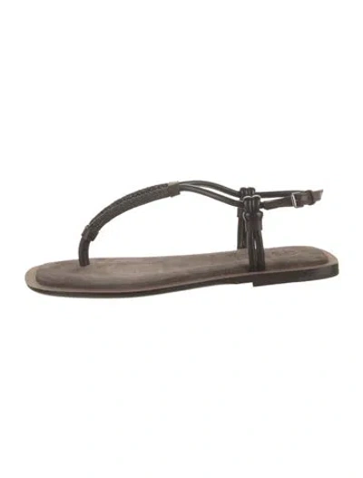 Pre-owned Brunello Cucinelli Leather Beaded Accents T-strap Sandals In Brown