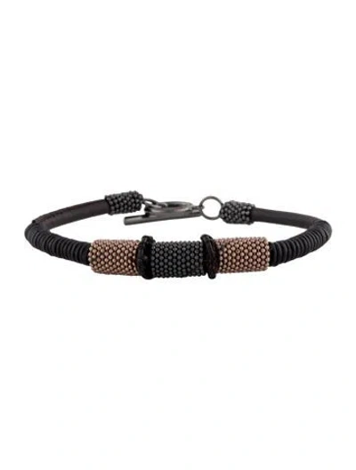 Pre-owned Brunello Cucinelli Leather Beaded Bracelet, 9.25" In Black
