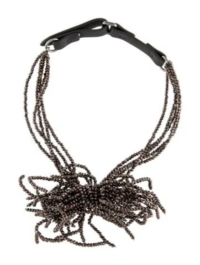 Pre-owned Brunello Cucinelli Leather Beaded Branch Bow Choker Necklace, 16" In Black