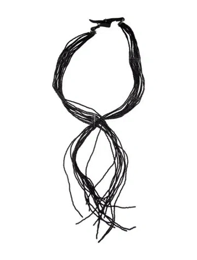 Pre-owned Brunello Cucinelli Leather Beaded Lariat Necklace, 27" In Black
