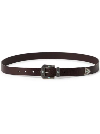 Brunello Cucinelli Leather Belt With Turquoise Stone Embellishments In Black