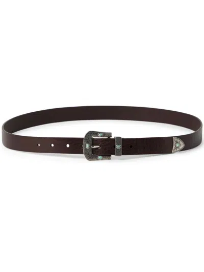 Brunello Cucinelli Leather Belt With Turquoise Stone Embellishments In Black
