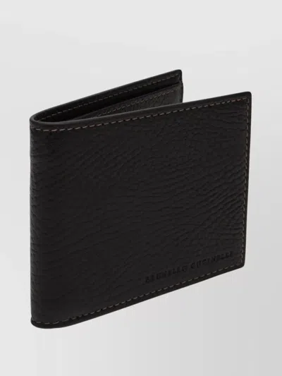 Brunello Cucinelli Leather Bi-fold Cardholder Visible Stitching In Black