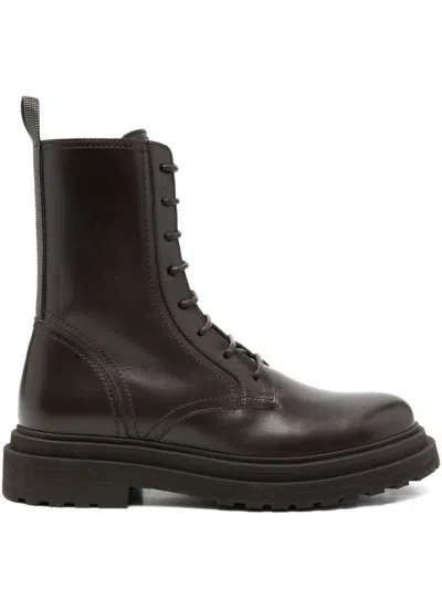 Brunello Cucinelli Leather Biker Boots In Brown