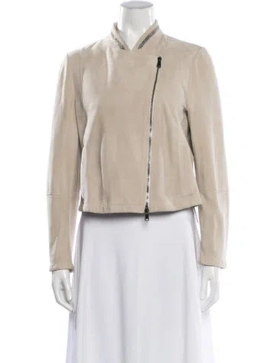 Pre-owned Brunello Cucinelli Leather Biker Jacket In Neutrals