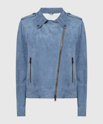 Brunello Cucinelli Leather Biker Jacket In Blue
