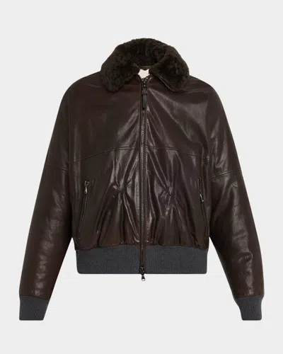 Brunello Cucinelli Leather Biker Jacket With Removable Shearling Collar In Brown