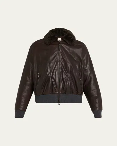 BRUNELLO CUCINELLI LEATHER BIKER JACKET WITH REMOVABLE SHEARLING COLLAR